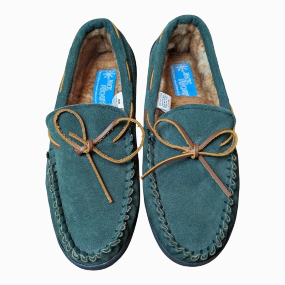 Jack Frost Men’s Green Suede Leather Faux Shearling Lined Slippers Size 10D NWOT